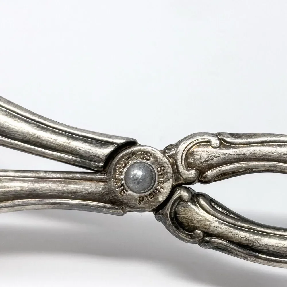 Vintage Sheffield Silver Plate Salad Tongs Italy 10” Ornate Patina